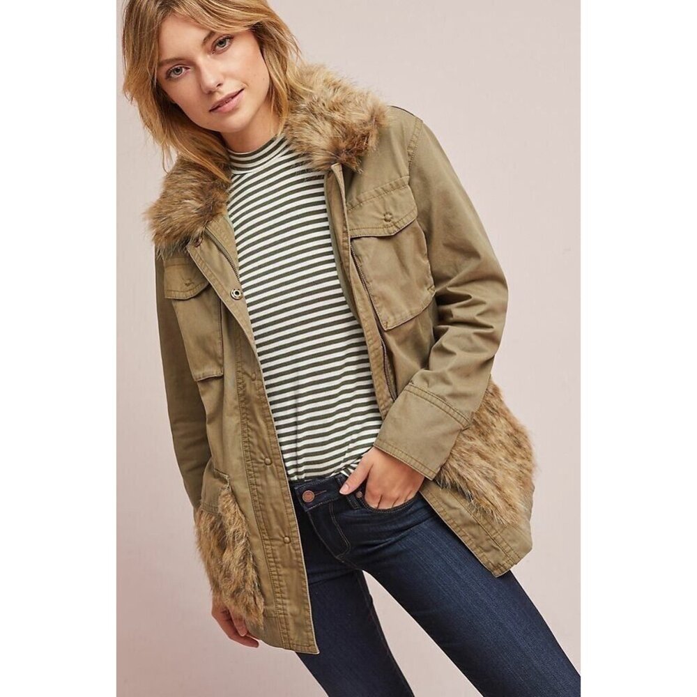 ANTHROPOLOGIE Faux Fur-Trimmed Field Parka Jacket Size XS Green Retail $188 - Picture 2 of 16